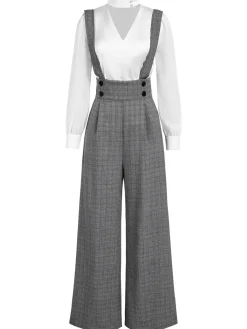 Discount Retro Stage 2PCS 1940s Satin Puff Sleeve Blouse & Glen Plaid Overall Pants