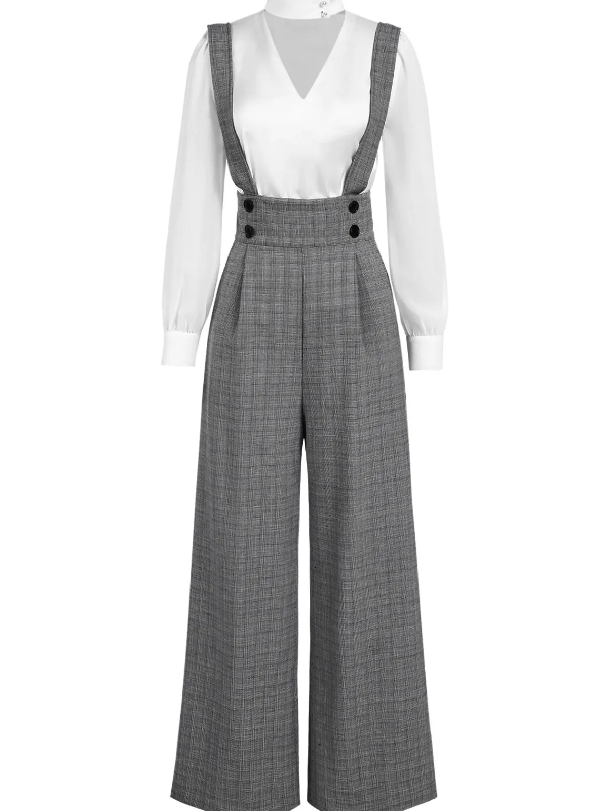 Discount Retro Stage 2PCS 1940s Satin Puff Sleeve Blouse & Glen Plaid Overall Pants