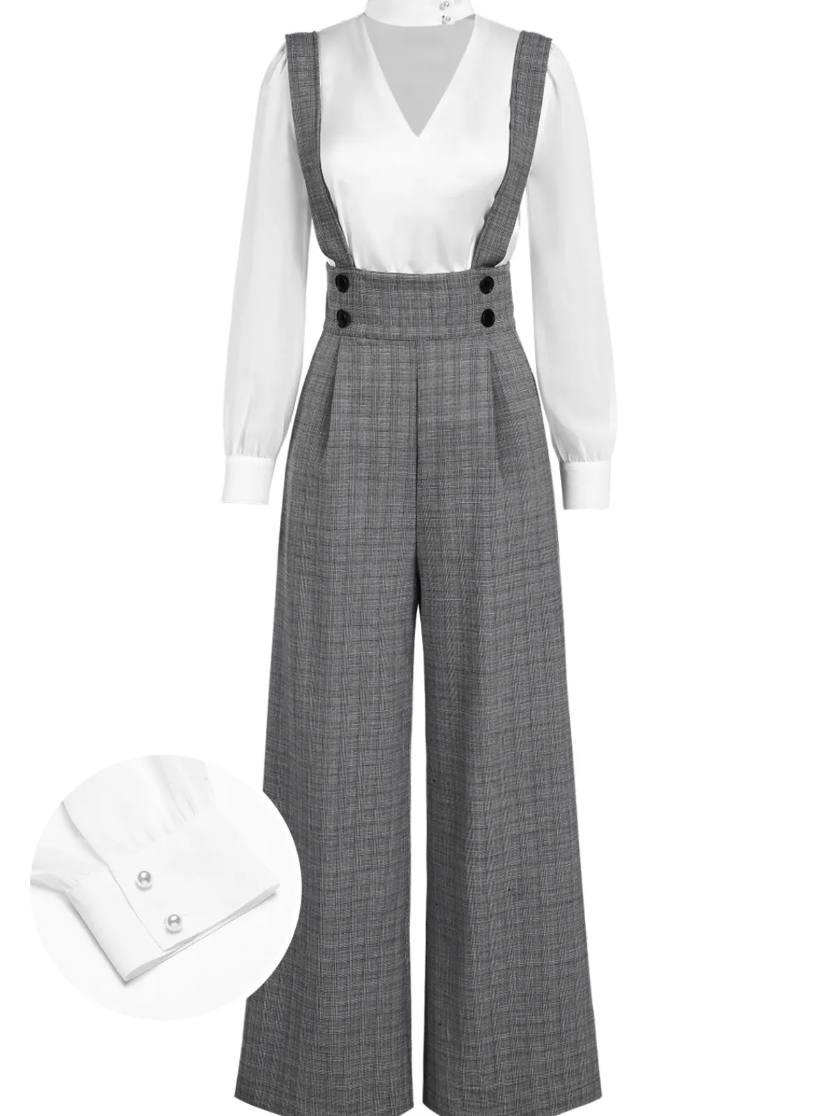Fashion Retro Stage 2PCS 1940s Satin Puff Sleeve Blouse & Glen Plaid Overall Pants