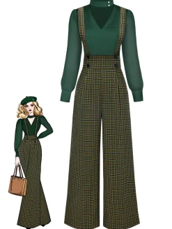 Fashion Retro Stage 2PCS 1940s Satin Puff Sleeve Blouse & Glen Plaid Overall Pants