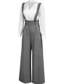 Fashion Retro Stage 2PCS 1940s Satin Puff Sleeve Blouse & Glen Plaid Overall Pants