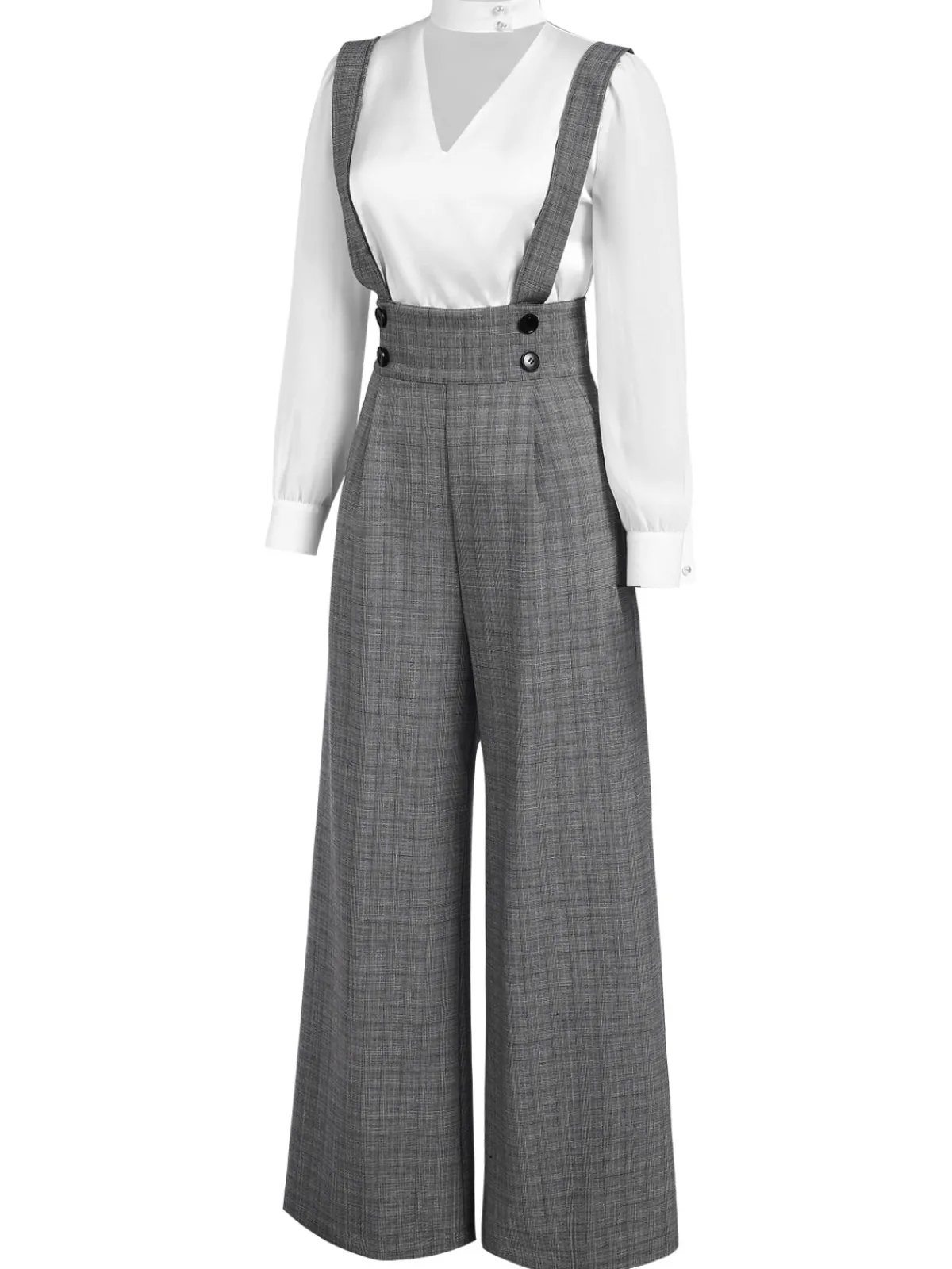 Fashion Retro Stage 2PCS 1940s Satin Puff Sleeve Blouse & Glen Plaid Overall Pants