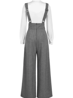 Fashion Retro Stage 2PCS 1940s Satin Puff Sleeve Blouse & Glen Plaid Overall Pants