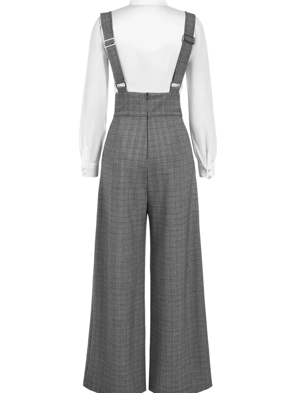 Fashion Retro Stage 2PCS 1940s Satin Puff Sleeve Blouse & Glen Plaid Overall Pants