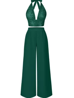 Hot Retro Stage 2PCS 1930s Sequined Halter Crop Top & Wide Leg Pants