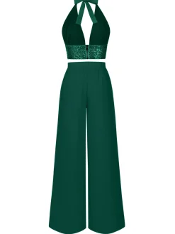 Hot Retro Stage 2PCS 1930s Sequined Halter Crop Top & Wide Leg Pants