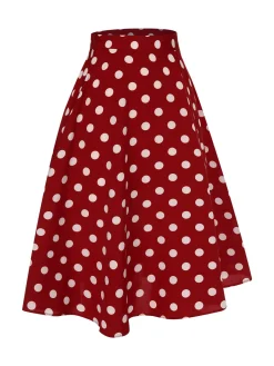New Retro Stage 2PCS 1950s Solid Blouse & Polka Dot Skirt Red & Blue