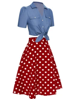 New Retro Stage 2PCS 1950s Solid Blouse & Polka Dot Skirt Red & Blue