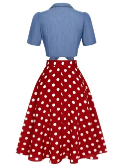 New Retro Stage 2PCS 1950s Solid Blouse & Polka Dot Skirt Red & Blue