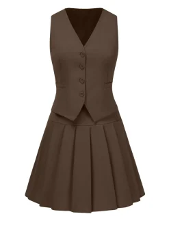 Discount Retro Stage 2PCS 1960s Solid Buttons Vest & Pleated Skirt
