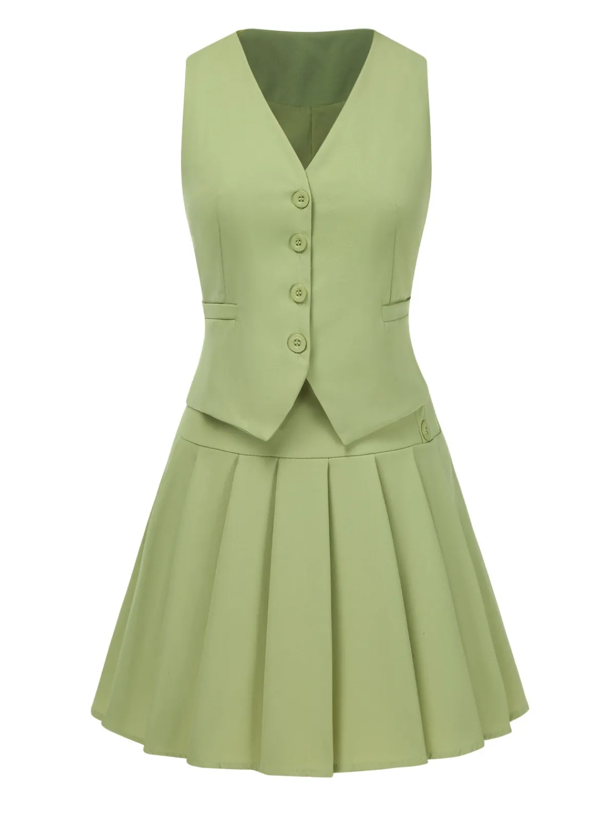 Discount Retro Stage 2PCS 1960s Solid Buttons Vest & Pleated Skirt