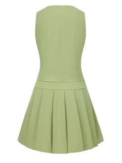 Discount Retro Stage 2PCS 1960s Solid Buttons Vest & Pleated Skirt