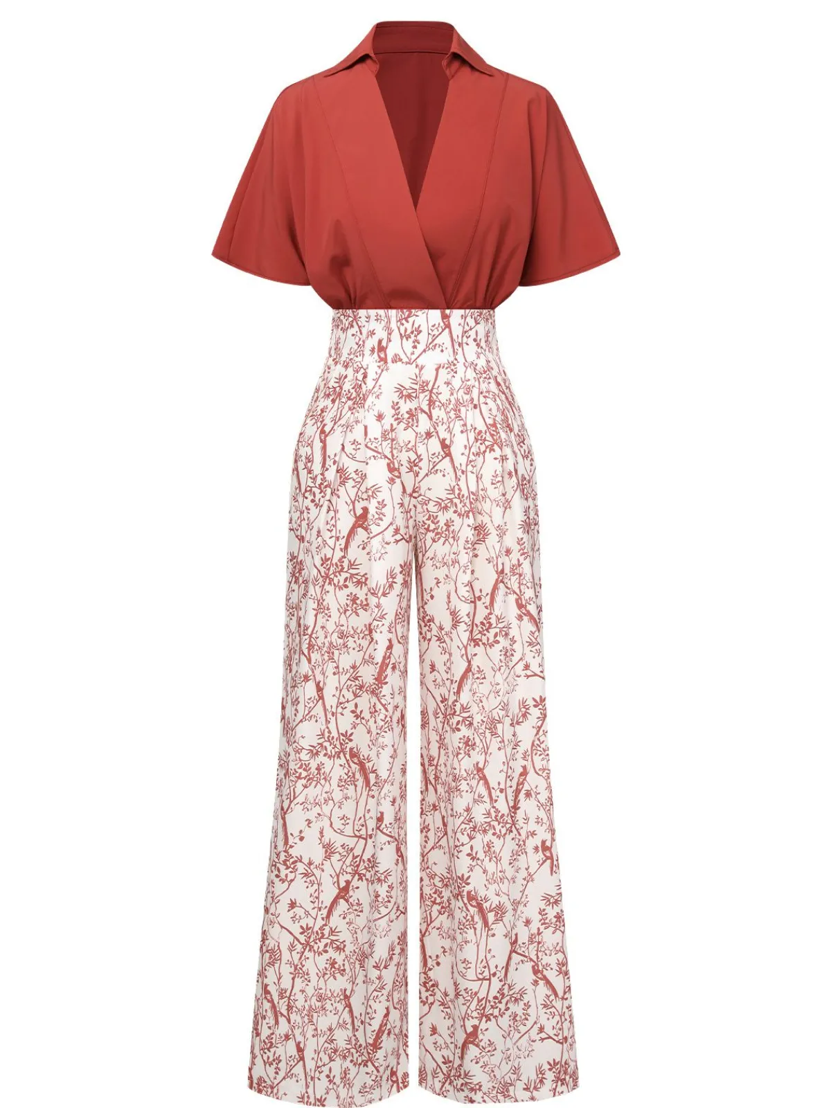 Hot Retro Stage 2PCS 1930s Solid Dolman Blouse & Floral Pants
