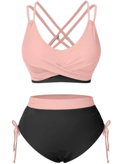 New Retro Stage 2PCS 1950s Solid Knot Patchwork Bikini Set