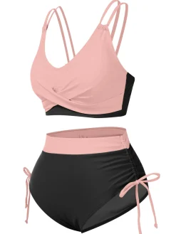 New Retro Stage 2PCS 1950s Solid Knot Patchwork Bikini Set