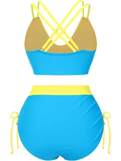 New Retro Stage 2PCS 1950s Solid Knot Patchwork Bikini Set
