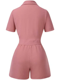 Clearance Retro Stage 2PCS 1940s Solid Lace-Up Top & High-Waist Shorts Pink