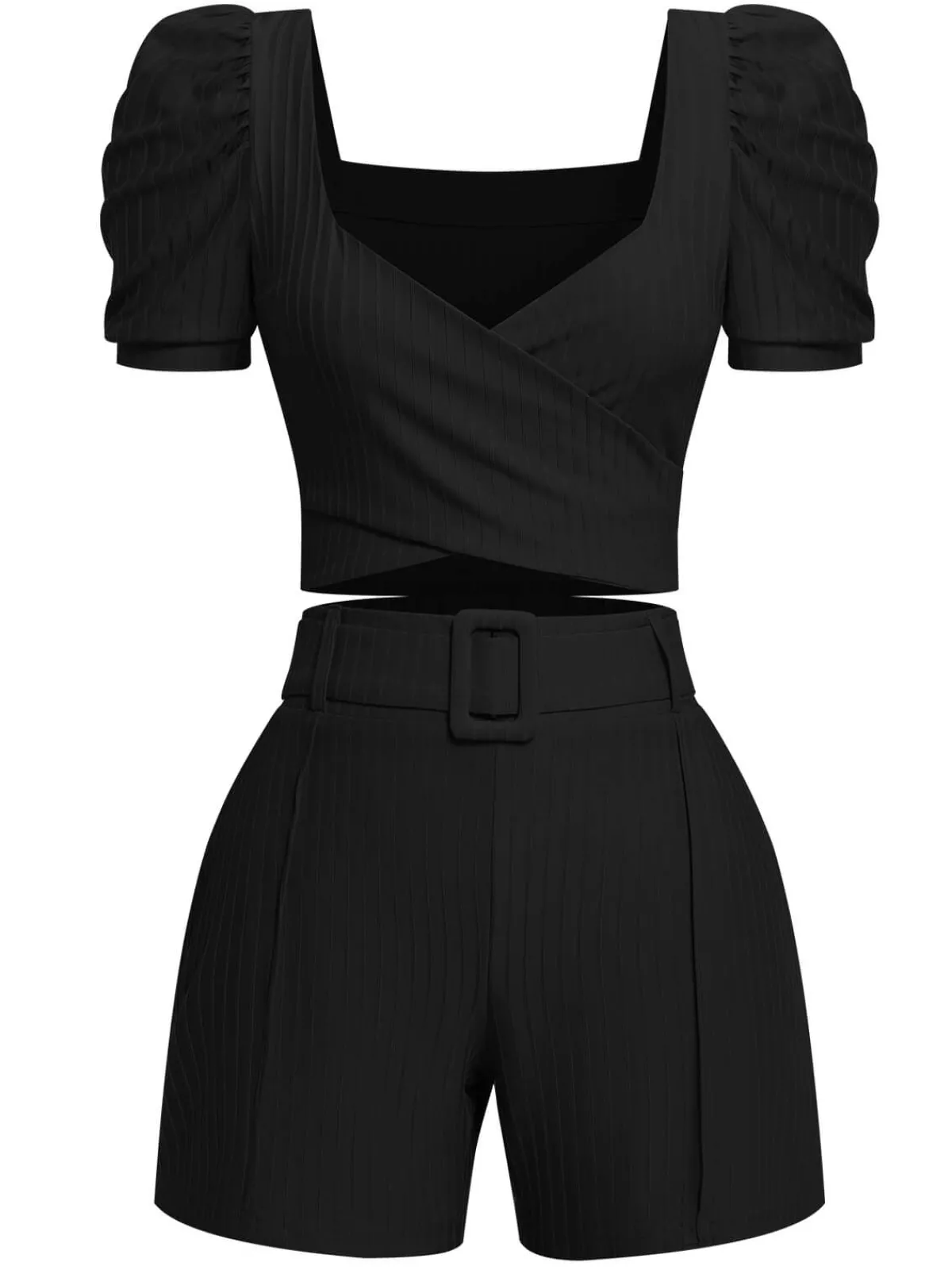 New Retro Stage 2PCS 1950s Solid Puff Sleeved Top & Shorts With Belt