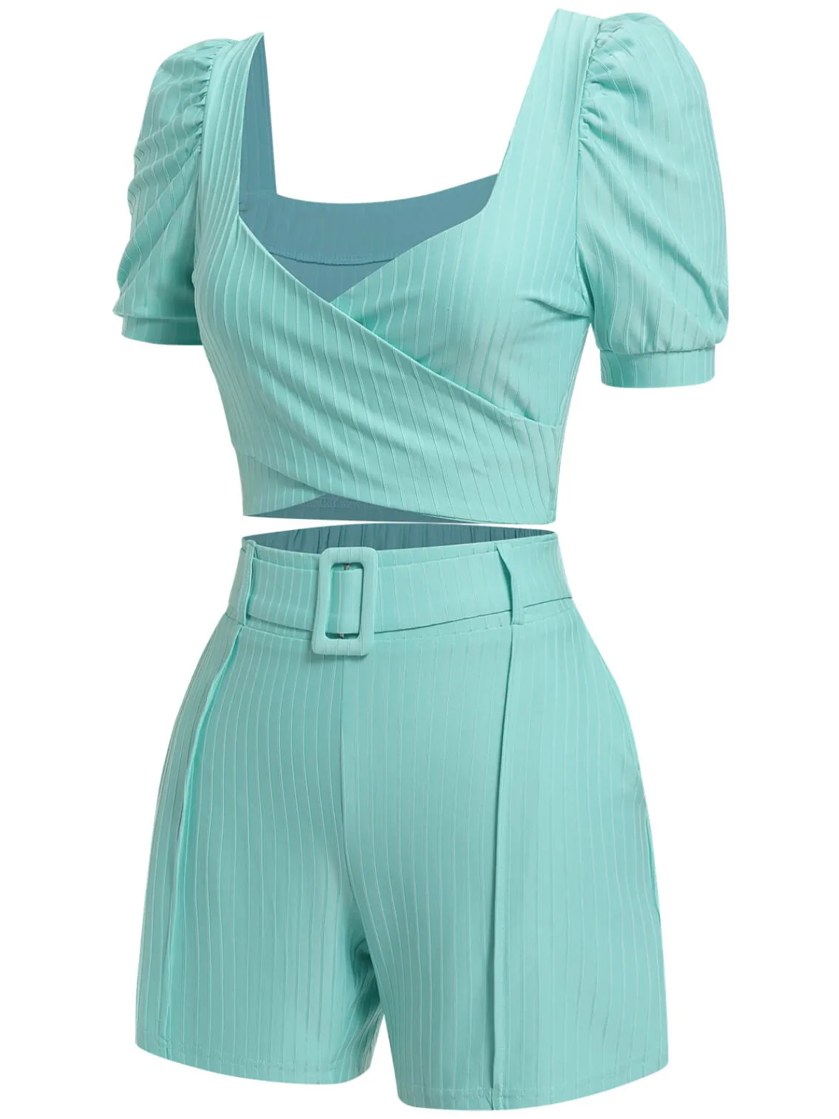 New Retro Stage 2PCS 1950s Solid Puff Sleeved Top & Shorts With Belt