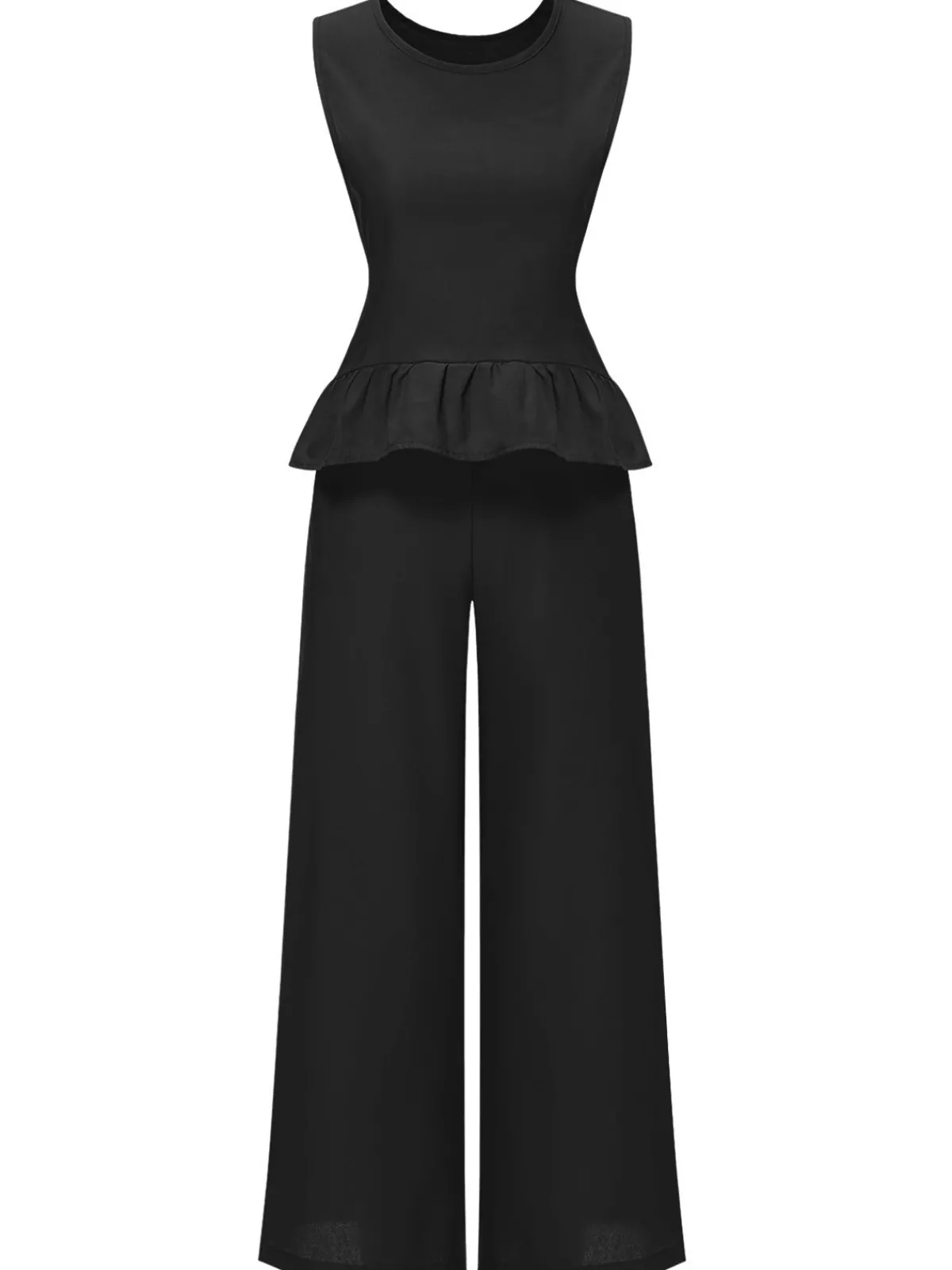 New Retro Stage 2PCS 1940s Solid Ruffle Tank Top & Straight Pants