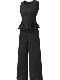 New Retro Stage 2PCS 1940s Solid Ruffle Tank Top & Straight Pants