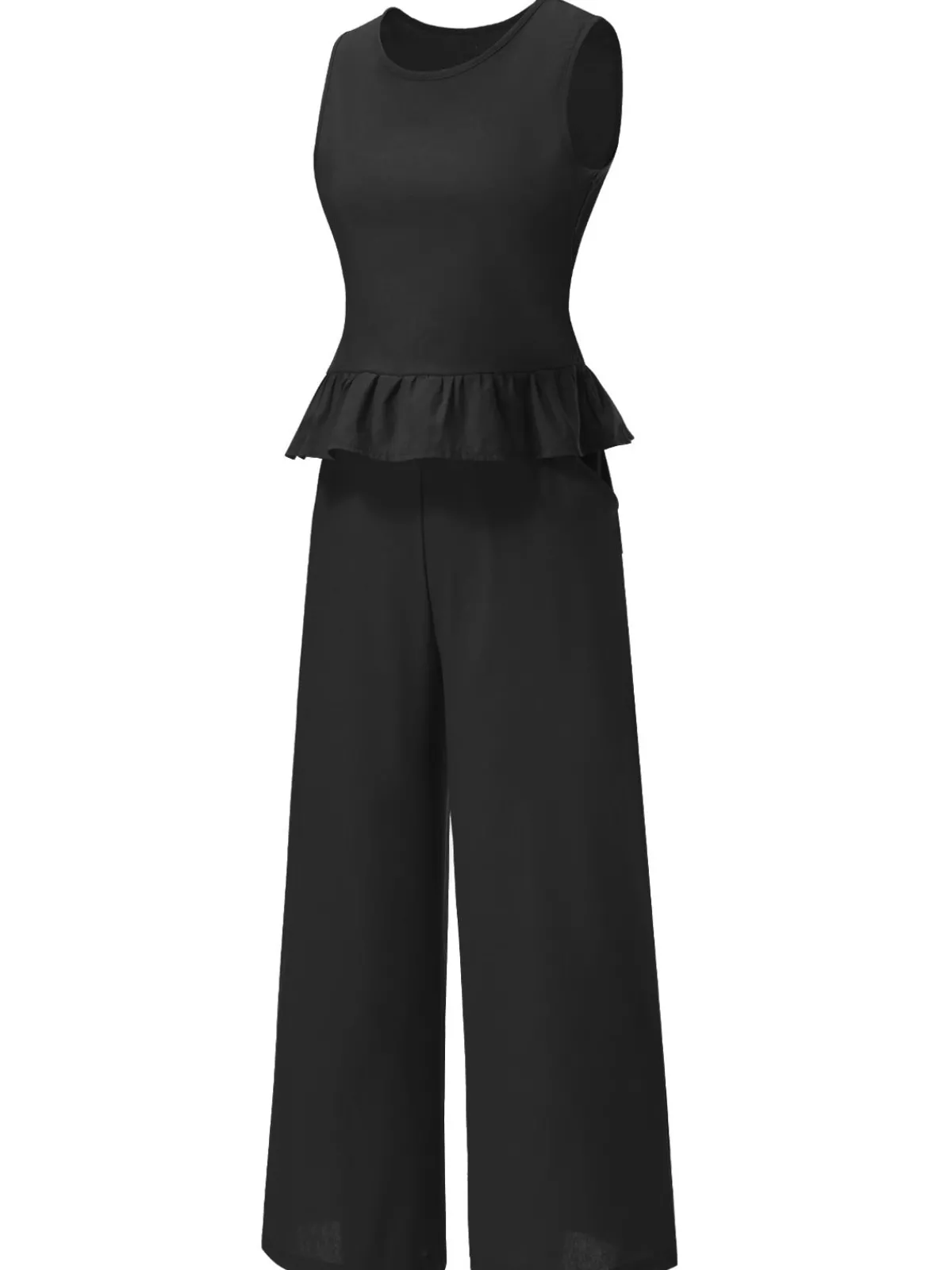 New Retro Stage 2PCS 1940s Solid Ruffle Tank Top & Straight Pants