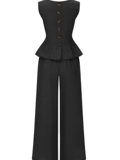 New Retro Stage 2PCS 1940s Solid Ruffle Tank Top & Straight Pants