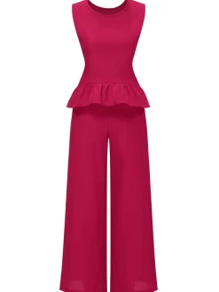New Retro Stage 2PCS 1940s Solid Ruffle Tank Top & Straight Pants