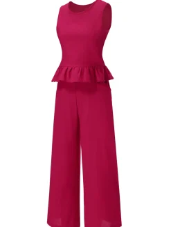 New Retro Stage 2PCS 1940s Solid Ruffle Tank Top & Straight Pants