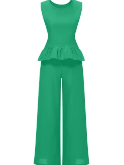 New Retro Stage 2PCS 1940s Solid Ruffle Tank Top & Straight Pants