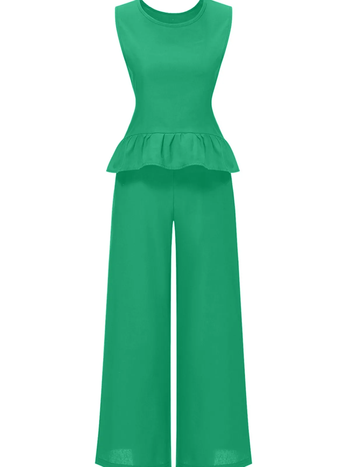 New Retro Stage 2PCS 1940s Solid Ruffle Tank Top & Straight Pants
