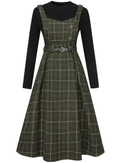 Outlet Retro Stage 2PCS 1950s Solid Top & Plaids Belted Pinafore Dress Dark Green