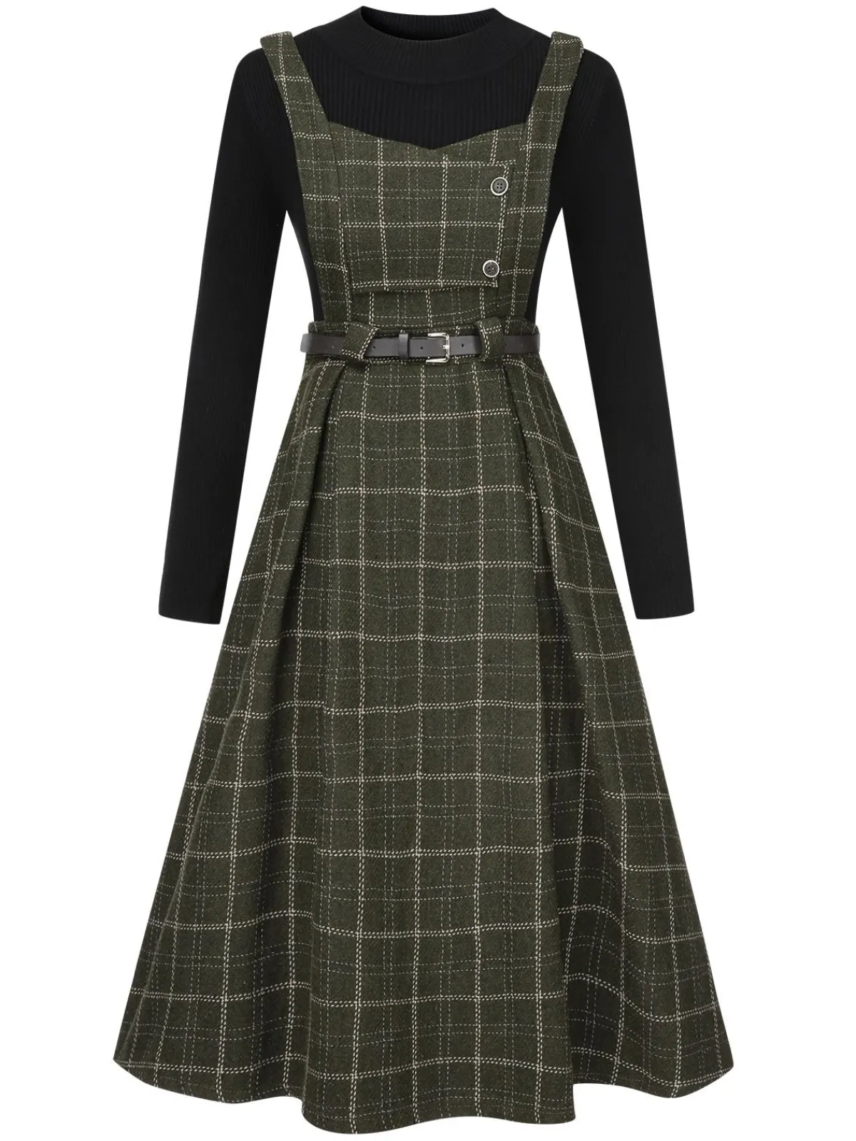 Outlet Retro Stage 2PCS 1950s Solid Top & Plaids Belted Pinafore Dress Dark Green