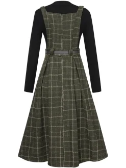 Outlet Retro Stage 2PCS 1950s Solid Top & Plaids Belted Pinafore Dress Dark Green