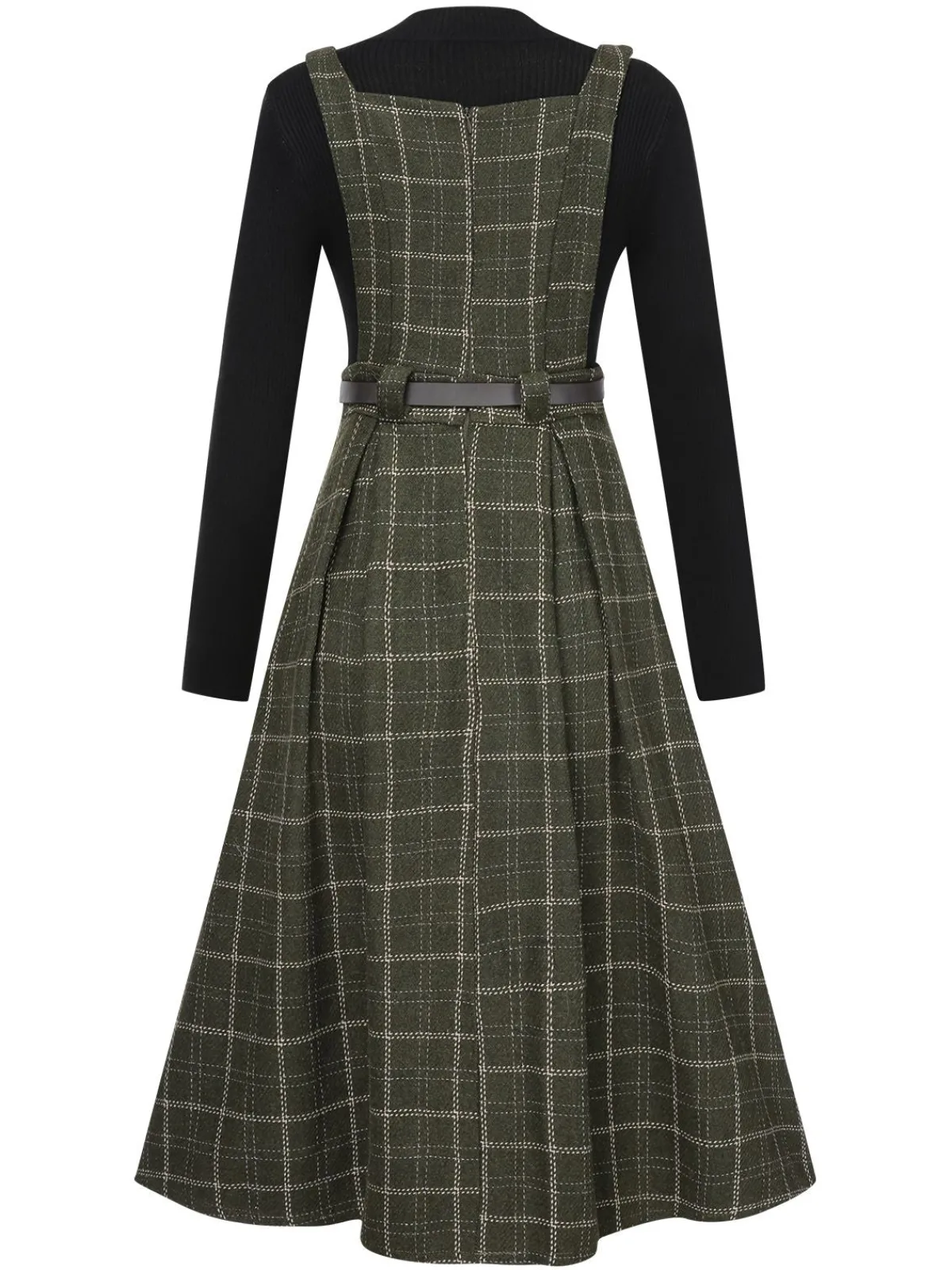 Outlet Retro Stage 2PCS 1950s Solid Top & Plaids Belted Pinafore Dress Dark Green