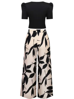Hot Retro Stage 2PCS 1970s Solid Top& Leaf Print Pants Black