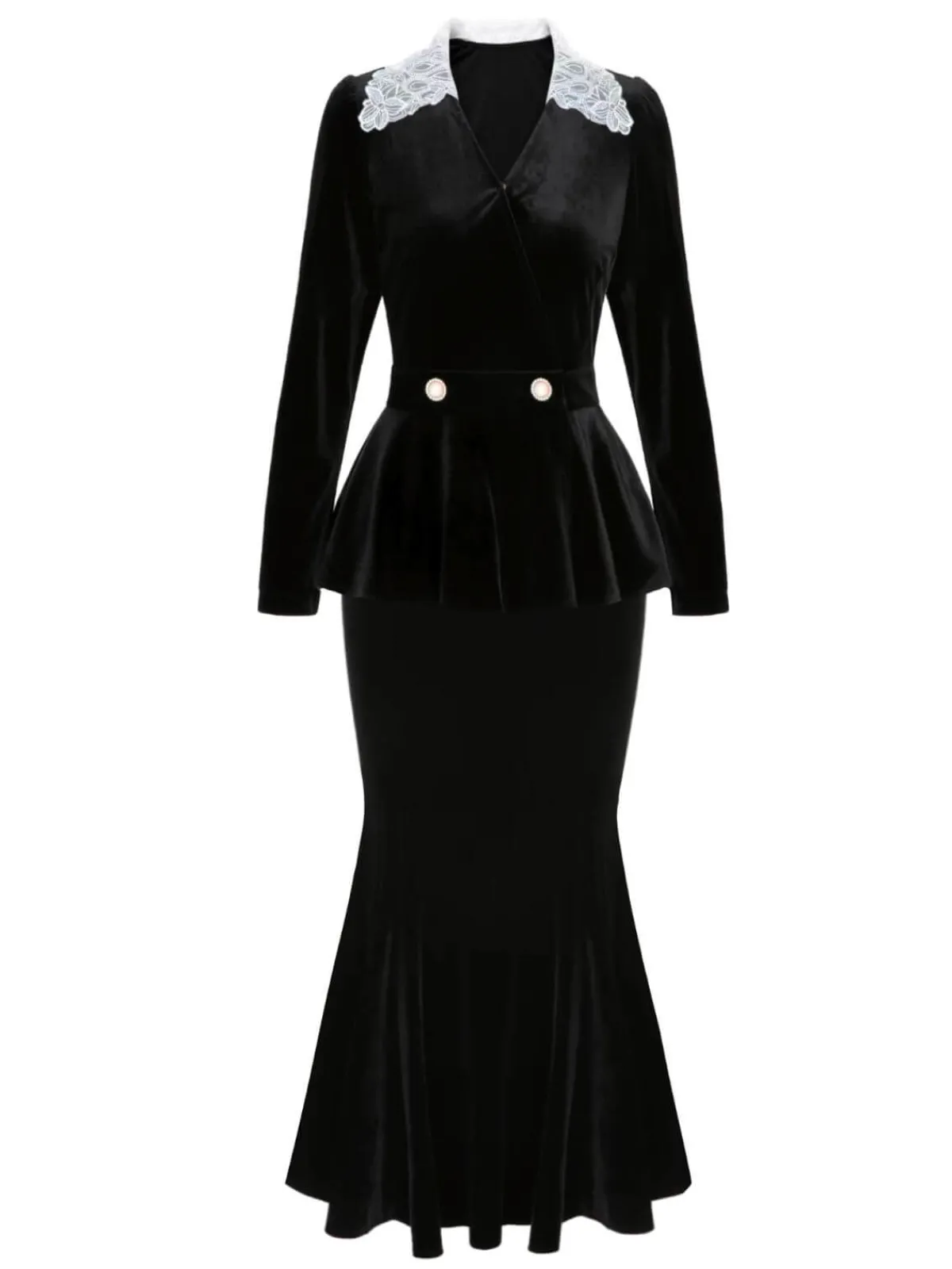 Fashion Retro Stage 2PCS 1930s Solid Velvet Top & Mermaid Skirt Black