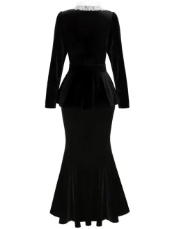 Fashion Retro Stage 2PCS 1930s Solid Velvet Top & Mermaid Skirt Black