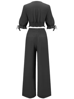 New Retro Stage 2PCS 1930s Solid V-Neck Smocked Top & Wide-Leg Pants