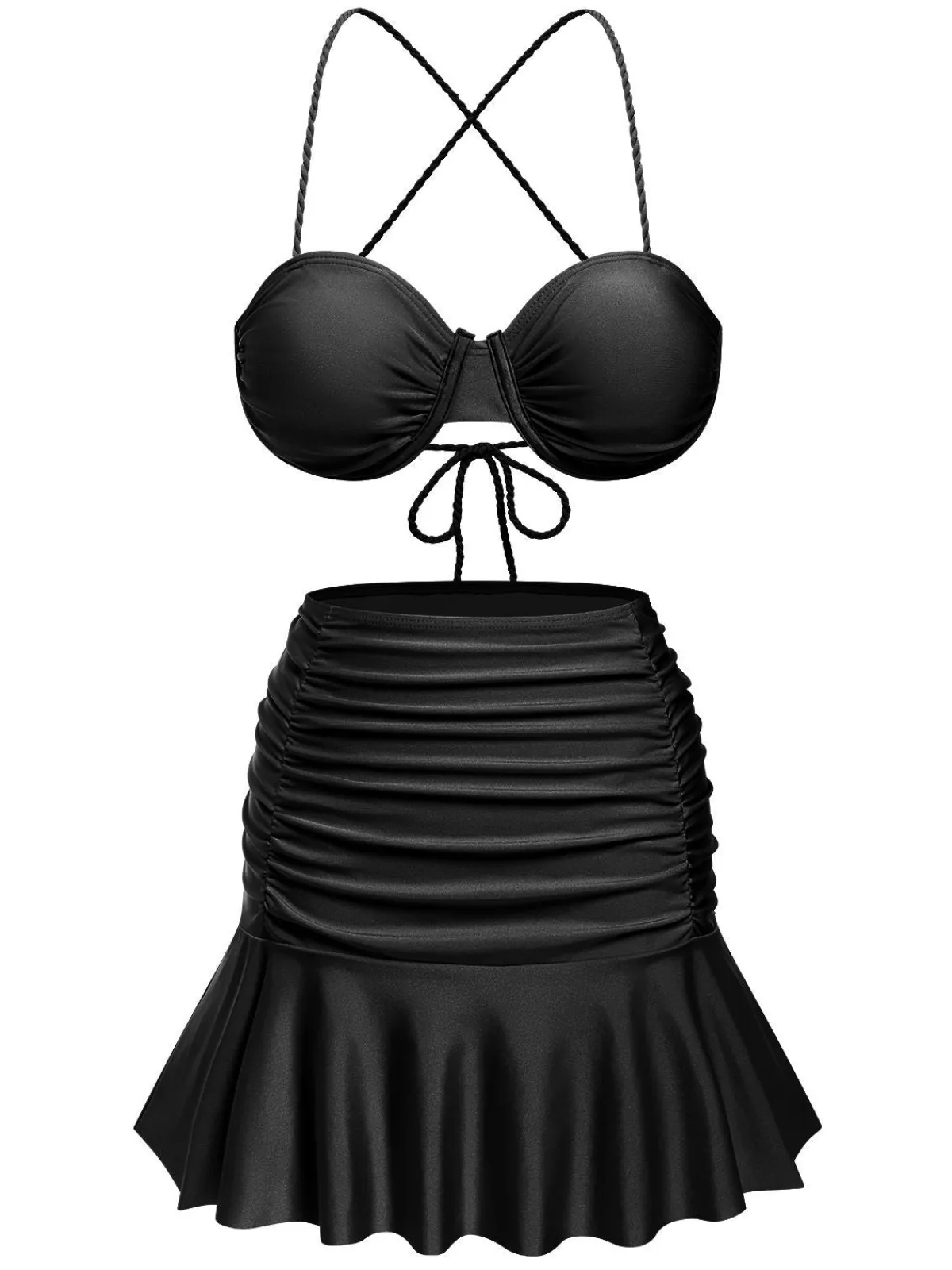 Outlet Retro Stage 3PCS 1930s Spaghetti Strap Solid Bikini Set
