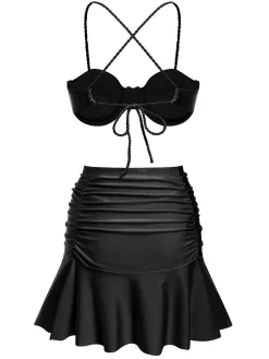 Outlet Retro Stage 3PCS 1930s Spaghetti Strap Solid Bikini Set