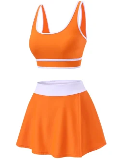 Hot Retro Stage 2PCS 1940s Square Neck Side Slit Colorblock Skirt Swimsuit