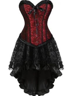 Outlet Retro Stage 2PCS 1970s Steampunk Lace Corset & High Low Skirt