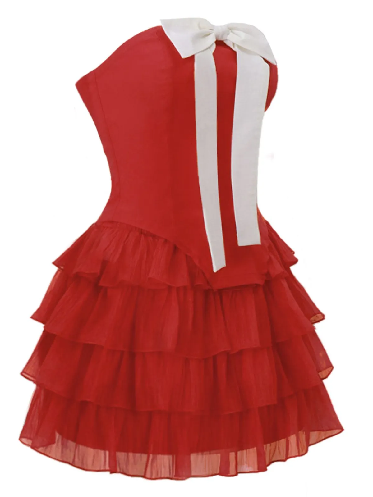 Best Retro Stage 2PCS 1950s Strapless Bow Top & Tiered-Tulle Skirt True Red