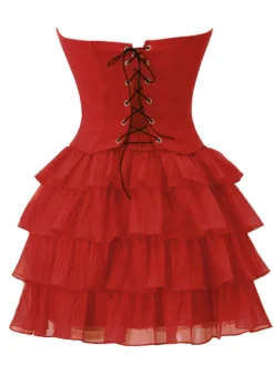 Best Retro Stage 2PCS 1950s Strapless Bow Top & Tiered-Tulle Skirt True Red