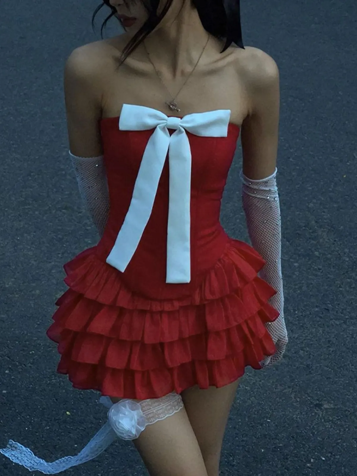Best Retro Stage 2PCS 1950s Strapless Bow Top & Tiered-Tulle Skirt True Red
