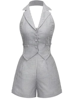 Sale Retro Stage 2PCS 1950s Stripes Lapel Sleeveless Vest & Pocket Shorts Grey