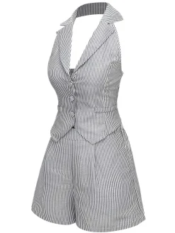 Sale Retro Stage 2PCS 1950s Stripes Lapel Sleeveless Vest & Pocket Shorts Grey