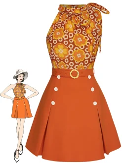 Fashion Retro Stage 2PCS 1960s Tie Neck Floral Top & Button Solid Skirt