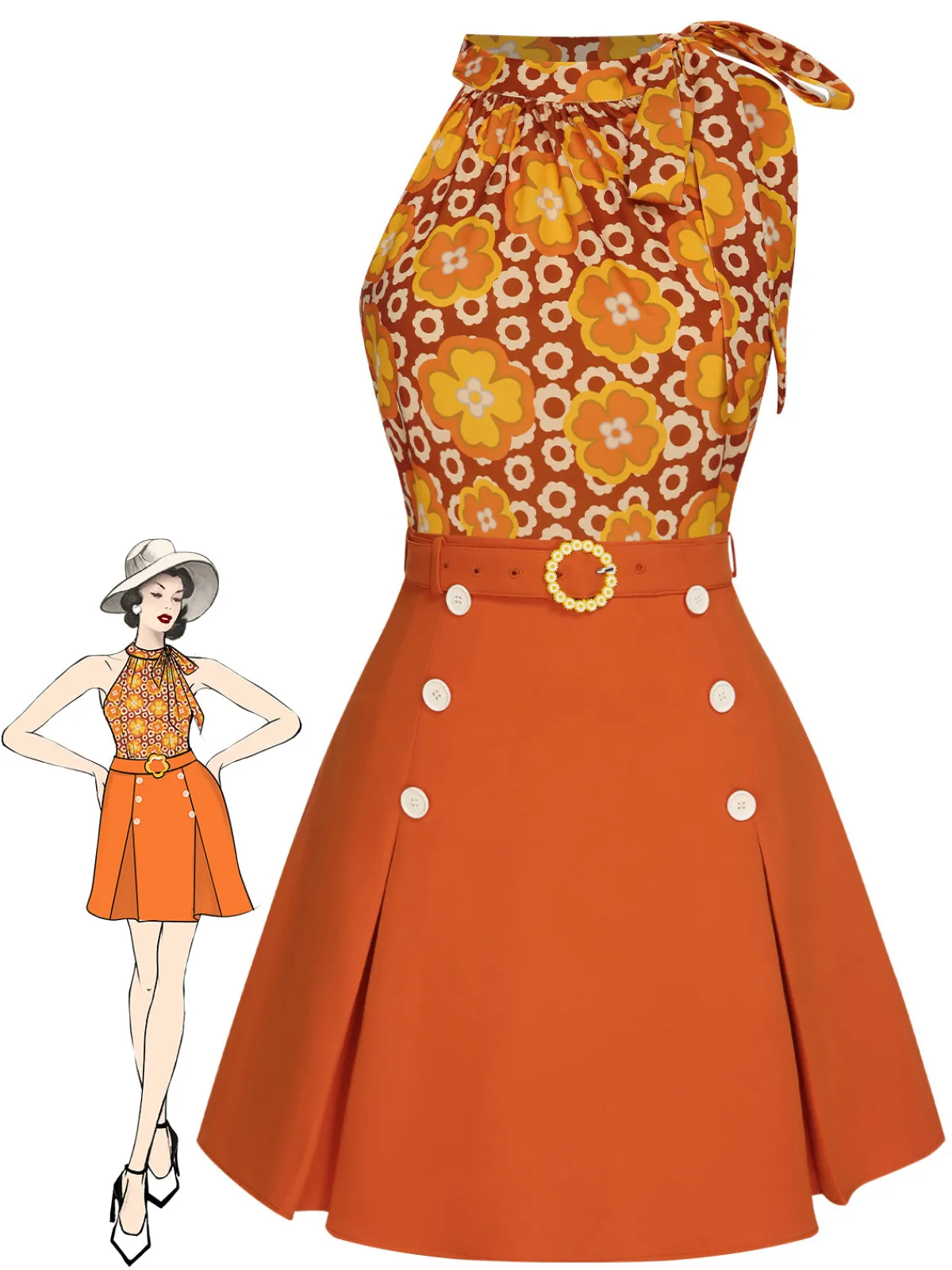 Fashion Retro Stage 2PCS 1960s Tie Neck Floral Top & Button Solid Skirt